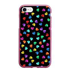 Чехол iPhone 7/8 матовый Сердечки разноцветные на черном, цвет: 3D-малиновый