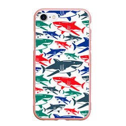 Чехол iPhone 7/8 матовый Стая разноцветных акул - паттерн, цвет: 3D-светло-розовый
