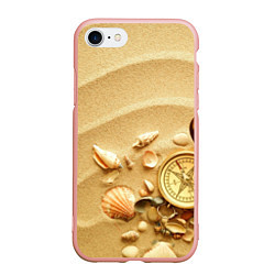 Чехол iPhone 7/8 матовый Композиция из ракушек и компаса на песке, цвет: 3D-светло-розовый