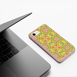 Чехол iPhone 7/8 матовый Зеленые узоры и оранжевые цветы, цвет: 3D-светло-розовый — фото 2