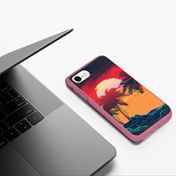 Чехол iPhone 7/8 матовый Пальмы и пляж на закате с помехами VHS ретро дизай, цвет: 3D-малиновый — фото 2