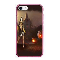 Чехол iPhone 7/8 матовый Ведьма с метлой и тремя тыквами возле старого дома, цвет: 3D-малиновый