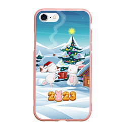 Чехол iPhone 7/8 матовый 2023 - зайчики с подарком, цвет: 3D-светло-розовый