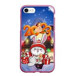 Чехол iPhone 7/8 матовый Зайчик Новый год, цвет: 3D-малиновый