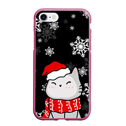 Чехол iPhone 7/8 матовый Котик в новогодней шапочке - снежинки, цвет: 3D-малиновый