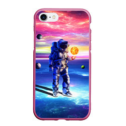 Чехол iPhone 7/8 матовый Космонавт среди планет в виртуальной вселенной, цвет: 3D-малиновый