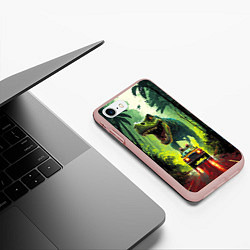 Чехол iPhone 7/8 матовый Динозавр в погоне за машиной в джунглях, цвет: 3D-светло-розовый — фото 2