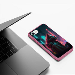 Чехол iPhone 7/8 матовый Кот в киберпанке, цвет: 3D-малиновый — фото 2