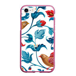 Чехол iPhone 7/8 матовый Узоры и птицы, цвет: 3D-малиновый