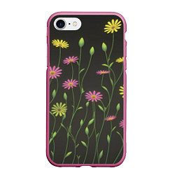 Чехол iPhone 7/8 матовый Полевые цветочки на темном фоне, цвет: 3D-малиновый