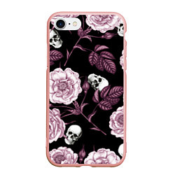 Чехол iPhone 7/8 матовый Розовые цветы с черепами, цвет: 3D-светло-розовый