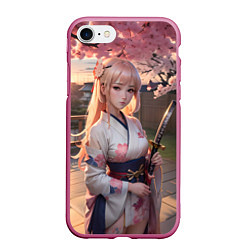 Чехол iPhone 7/8 матовый Девушка самурай с катаной, цвет: 3D-малиновый