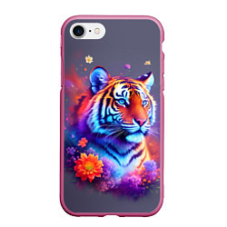 Чехол iPhone 7/8 матовый Тигр и краски - нейросеть, цвет: 3D-малиновый