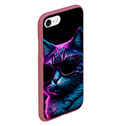 Чехол iPhone 7/8 матовый Неоновый котик в очках, цвет: 3D-малиновый — фото 2