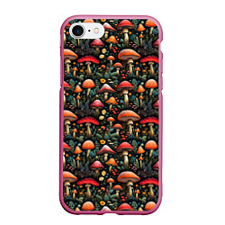 Чехол iPhone 7/8 матовый Сказочные грибы мухоморы паттерн, цвет: 3D-малиновый