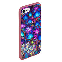 Чехол iPhone 7/8 матовый Абстракция синие листья и фиолетовый цветы, цвет: 3D-малиновый — фото 2