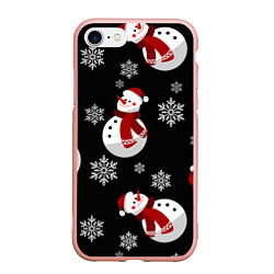 Чехол iPhone 7/8 матовый Снеговички в зимних шапочках со снежинками, цвет: 3D-светло-розовый