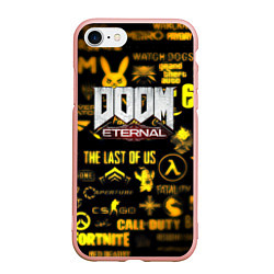 Чехол iPhone 7/8 матовый Doom золотые логотипы игр, цвет: 3D-светло-розовый