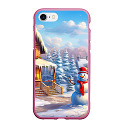 Чехол iPhone 7/8 матовый Новогодняя деревня и снеговик, цвет: 3D-малиновый