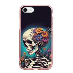 Чехол iPhone 7/8 матовый Скелет с яркими цветами, цвет: 3D-светло-розовый