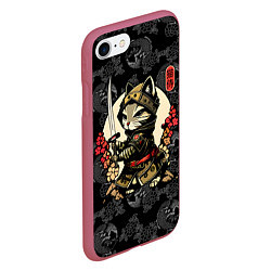Чехол iPhone 7/8 матовый Кот - японский самурай, цвет: 3D-малиновый — фото 2
