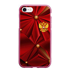 Чехол iPhone 7/8 матовый Золотой герб России на красной абстракции, цвет: 3D-малиновый