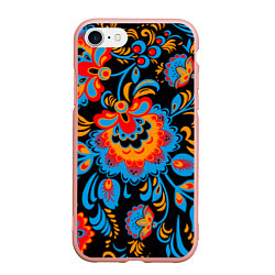Чехол iPhone 7/8 матовый Хохломская роспись разноцветные цветы на чёроном ф, цвет: 3D-светло-розовый