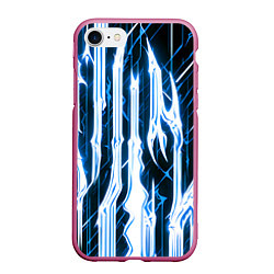 Чехол iPhone 7/8 матовый Синие неоновые полосы на чёрном фоне, цвет: 3D-малиновый