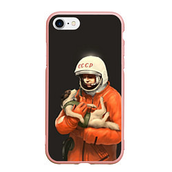 Чехол iPhone 7/8 матовый Гагарин с лайкой, цвет: 3D-светло-розовый