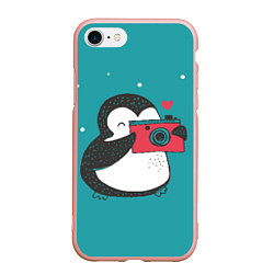 Чехол iPhone 7/8 матовый Пингвин с фотоаппаратом, цвет: 3D-светло-розовый