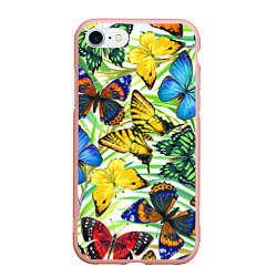 Чехол iPhone 7/8 матовый Тропические бабочки, цвет: 3D-светло-розовый