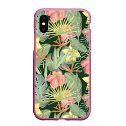 Чехол iPhone XS Max матовый Тропические растения и цветы, цвет: 3D-малиновый