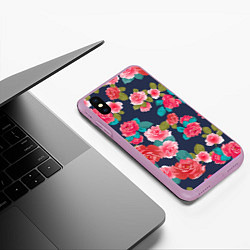 Чехол iPhone XS Max матовый Цветочный узор из красных роз, цвет: 3D-сиреневый — фото 2