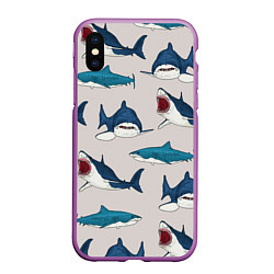 Чехол iPhone XS Max матовый Кровожадные акулы паттерн, цвет: 3D-фиолетовый