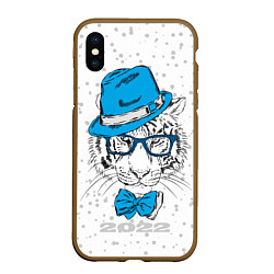 Чехол iPhone XS Max матовый Белый тигр в синей шляпе