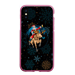 Чехол iPhone XS Max матовый Олень и Santa, цвет: 3D-малиновый