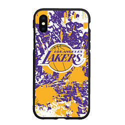 Чехол iPhone XS Max матовый LAKERS ФИРМЕННЫЕ ЦВЕТА БРЫЗГИ КРАСОК LA, цвет: 3D-черный