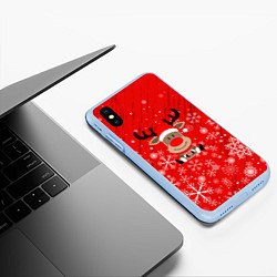 Чехол iPhone XS Max матовый Снежинки летящие и Олень с подарком, цвет: 3D-голубой — фото 2