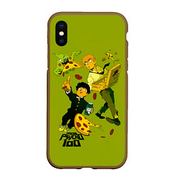 Чехол iPhone XS Max матовый Шигео, Ямочки и Рэйгэн налет на пиццу - Mob Psycho, цвет: 3D-коричневый