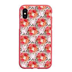 Чехол iPhone XS Max матовый Цветы - розы паттерн, цвет: 3D-красный