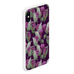 Чехол iPhone XS Max матовый Фиолетовые каллы на темно фиолетовом фоне, цвет: 3D-белый — фото 2