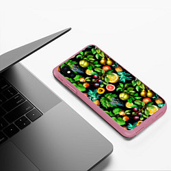 Чехол iPhone XS Max матовый Сочные фрукты - персик, груша, слива, ананас, цвет: 3D-малиновый — фото 2