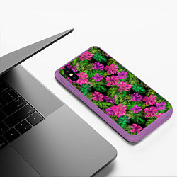 Чехол iPhone XS Max матовый Тропические листья и цветы на черном фоне, цвет: 3D-фиолетовый — фото 2