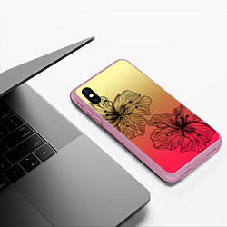 Чехол iPhone XS Max матовый Черные абстрактные цветы на красно-желтом градиент, цвет: 3D-розовый — фото 2
