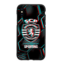 Чехол iPhone XS Max матовый Sporting FC в стиле Glitch на темном фоне