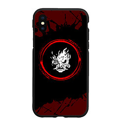 Чехол iPhone XS Max матовый Символ Cyberpunk 2077 и краска вокруг на темном фо