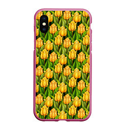 Чехол iPhone XS Max матовый Желтые тюльпаны паттерн, цвет: 3D-малиновый