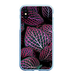 Чехол iPhone XS Max матовый Неоновые листья цветов - Розовый, цвет: 3D-голубой