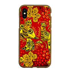 Чехол iPhone XS Max матовый Хохломская Роспись Две Птици На Красном Фоне, цвет: 3D-коричневый