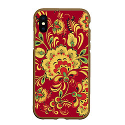 Чехол iPhone XS Max матовый Хохломская Роспись Цветы На красном Фоне, цвет: 3D-коричневый